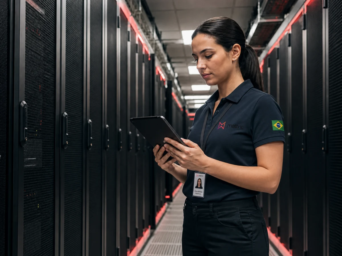 Engenheira da Mettric acompanhando a infraestrutura de um data center